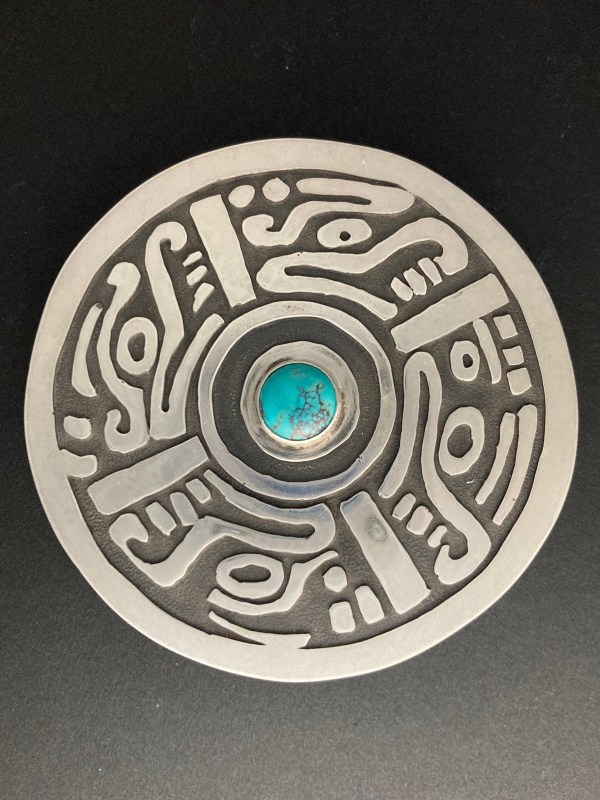 Silver and turquoise Pre-Columbian Mesoamerican motif overlay pendant - Hand fabricated by Jose Santana Jewelry